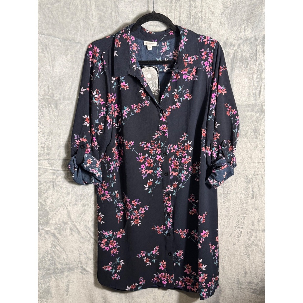 Avenue Women's Black Floral Shirt‎ Dress Size 20 Roll Tab Sleeve NEW